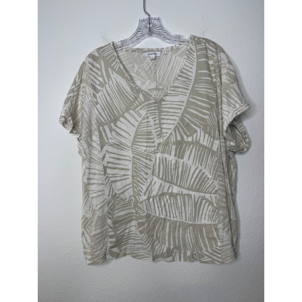 Chicos Linen Blend Palm Print V-Neck Top Beige Cream Tropical XL Size 3